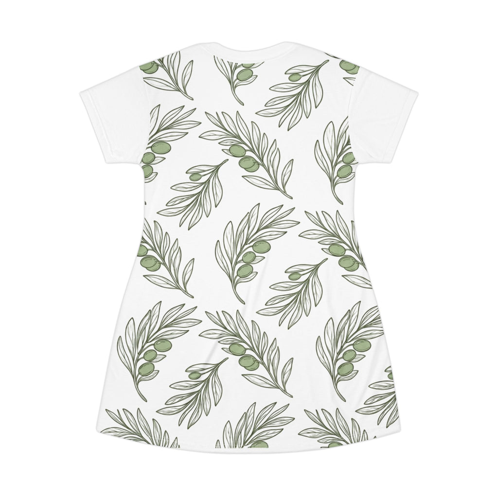 Olive Branch T-Shirt Dress — Botanical All-Over Print Casual Dress