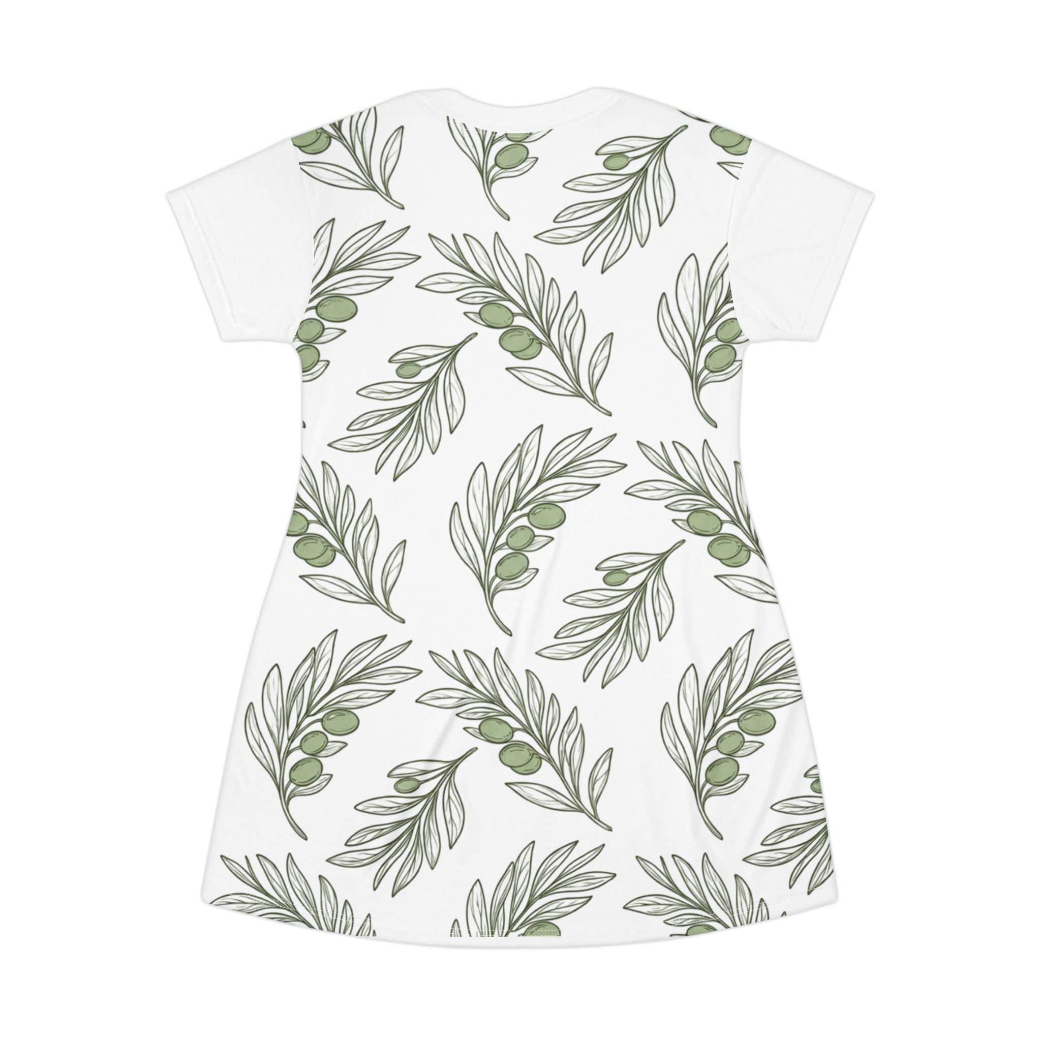 Olive Branch T-Shirt Dress — Botanical All-Over Print Casual Dress
