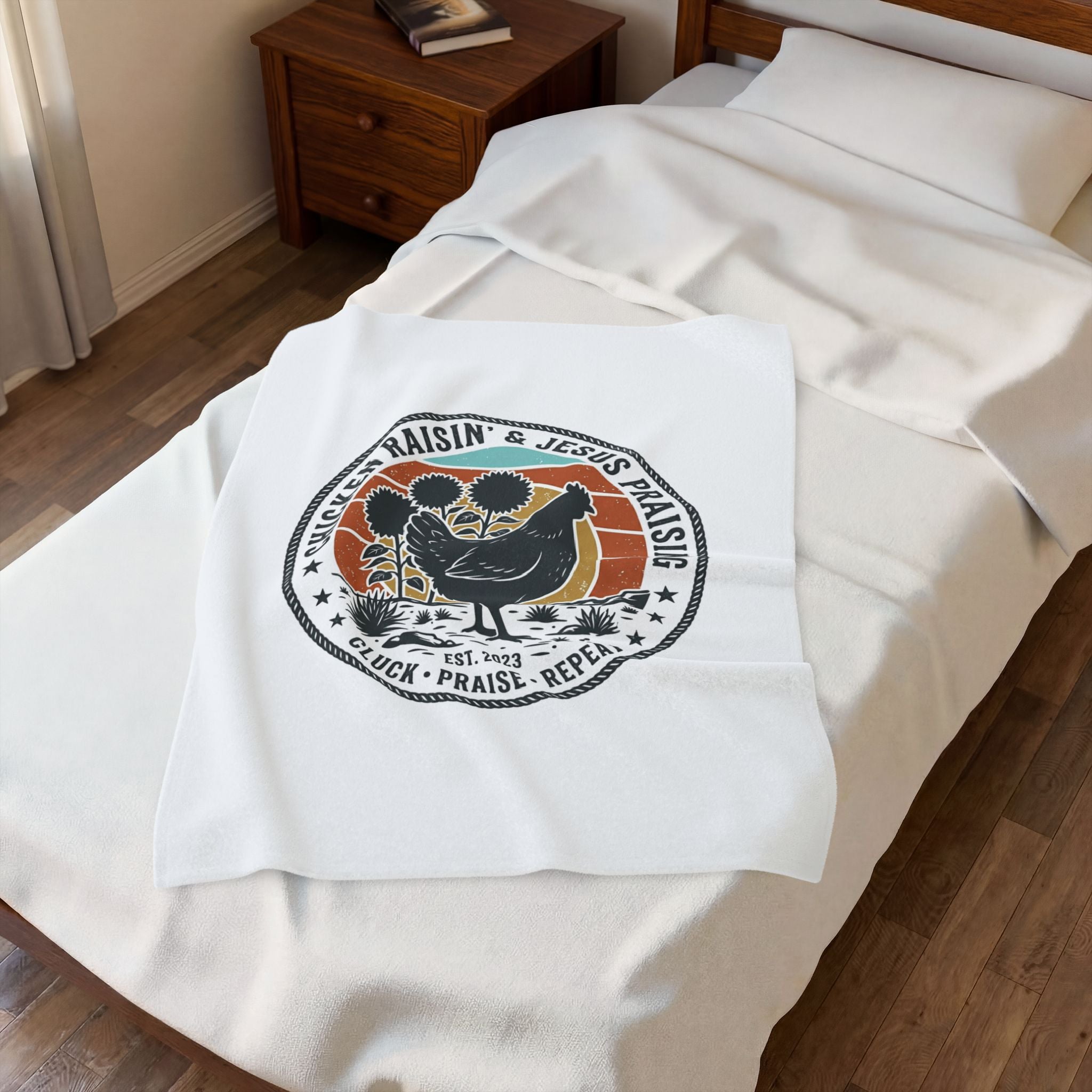 Chicken Raisin & Jesus Praising Velveteen Plush Blanket | Western Americana, Vintage Rodeo