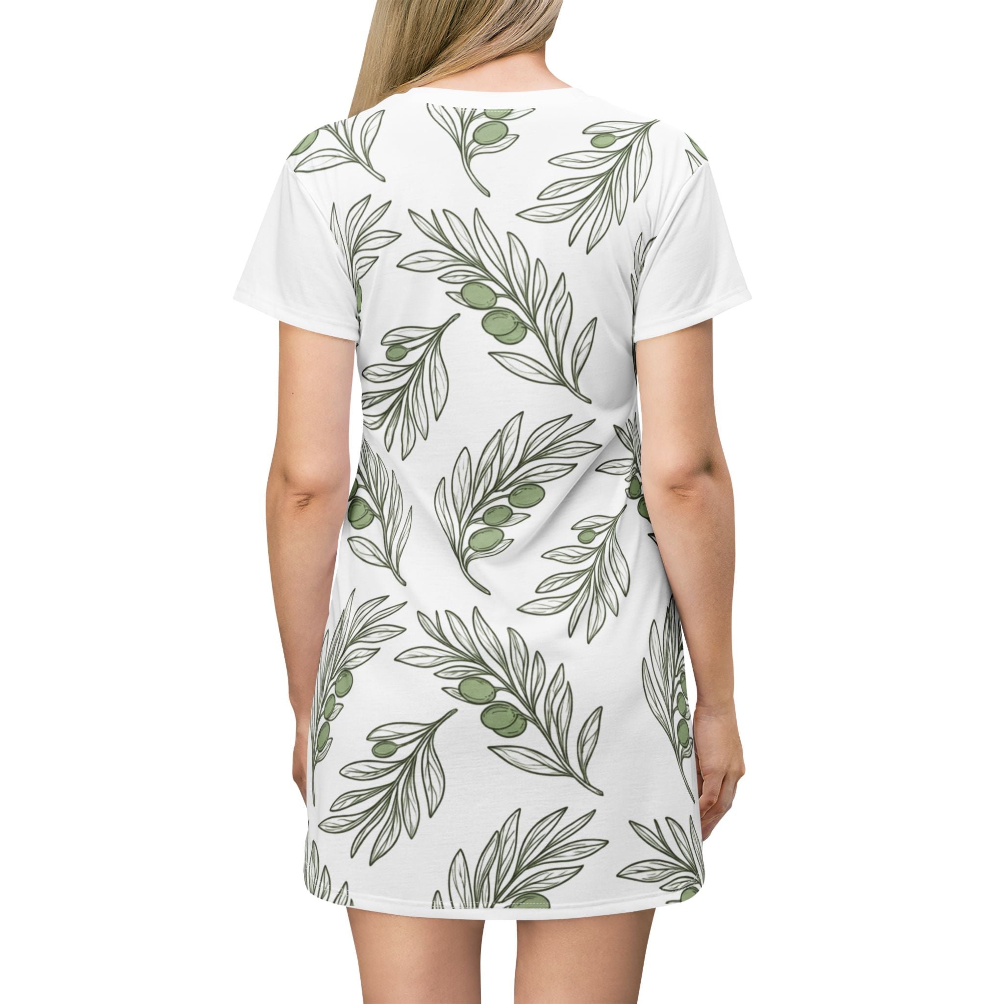 Olive Branch T-Shirt Dress — Botanical All-Over Print Casual Dress
