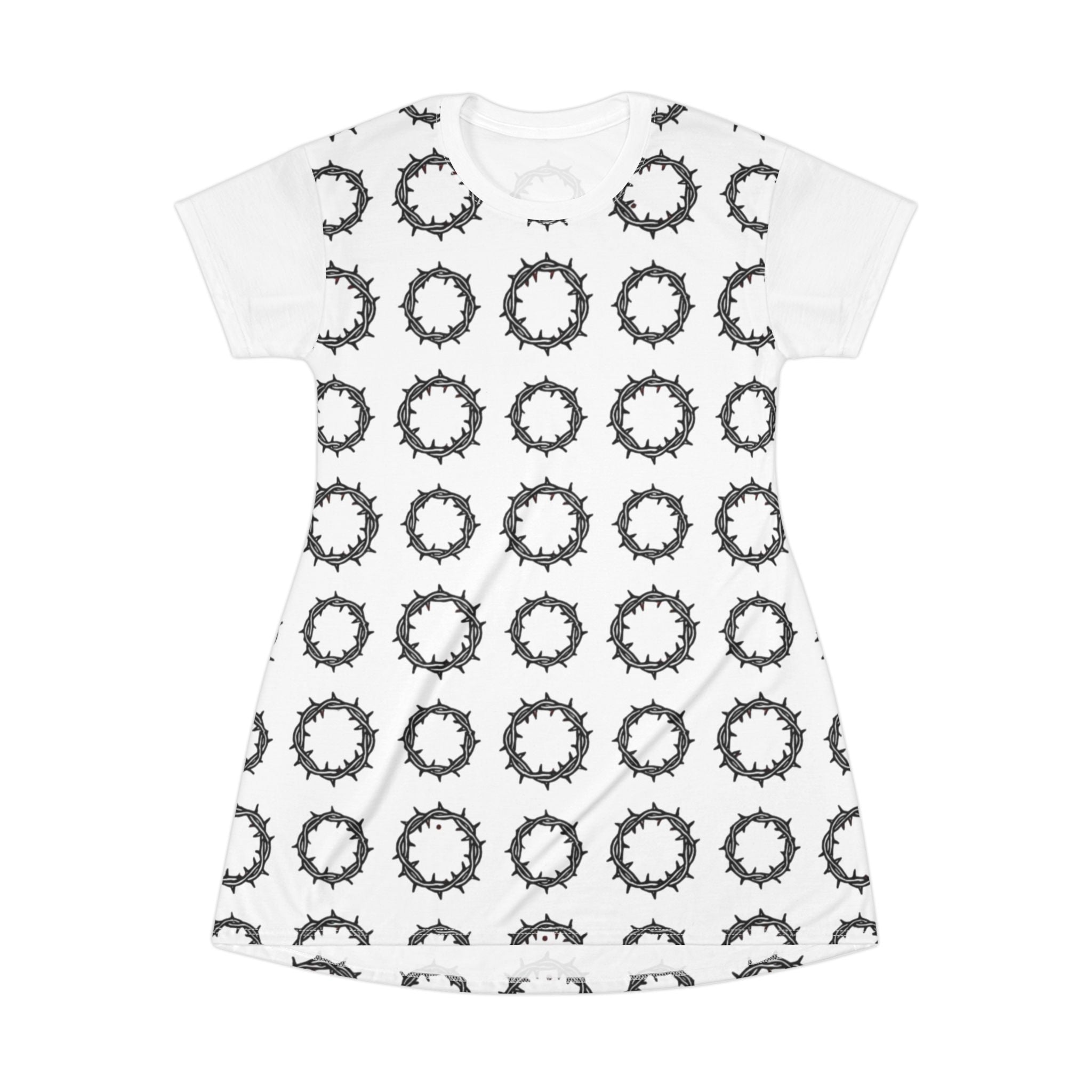 Wreath Pattern T-Shirt Dress — Monochrome Floral Circle All-Over Print