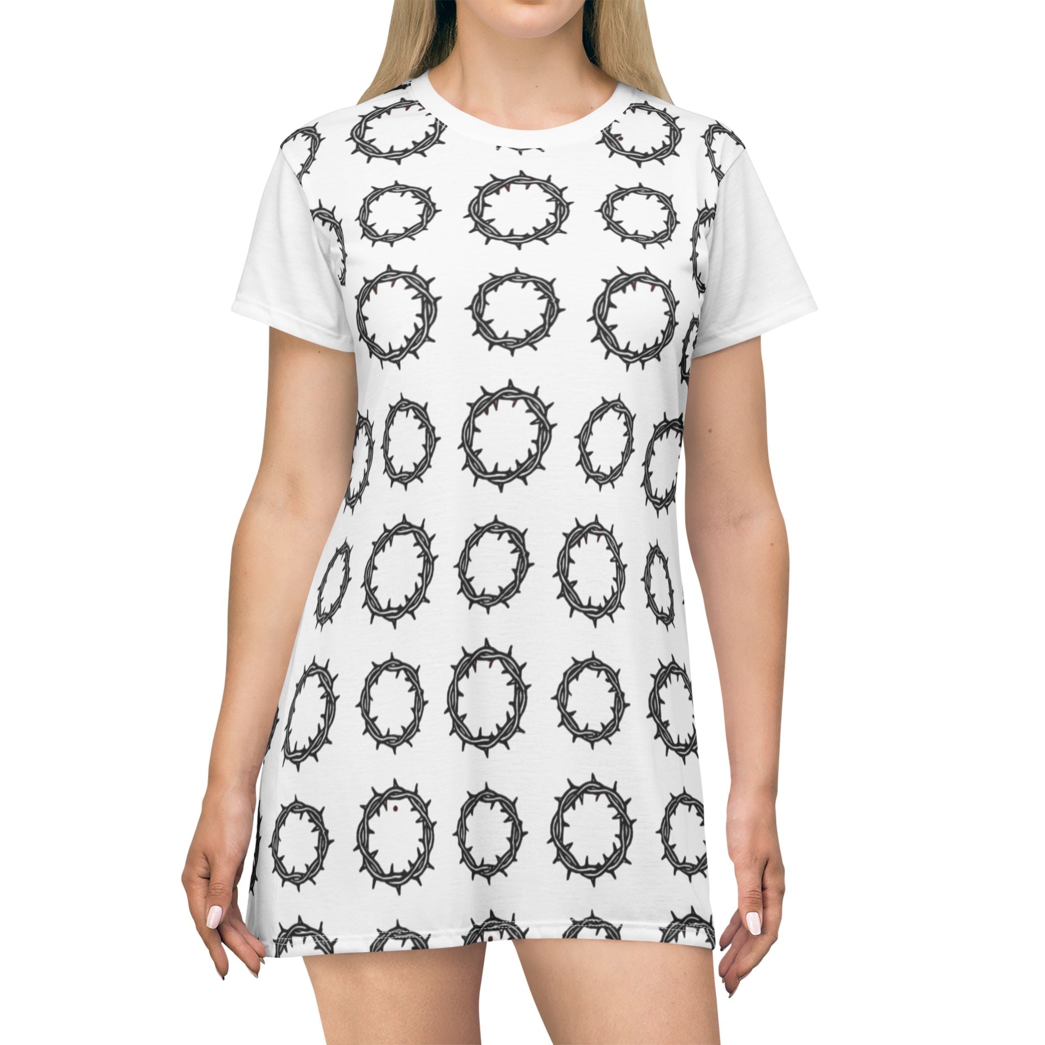 Wreath Pattern T-Shirt Dress — Monochrome Floral Circle All-Over Print