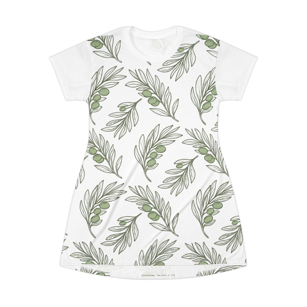 Olive Branch T-Shirt Dress — Botanical All-Over Print Casual Dress