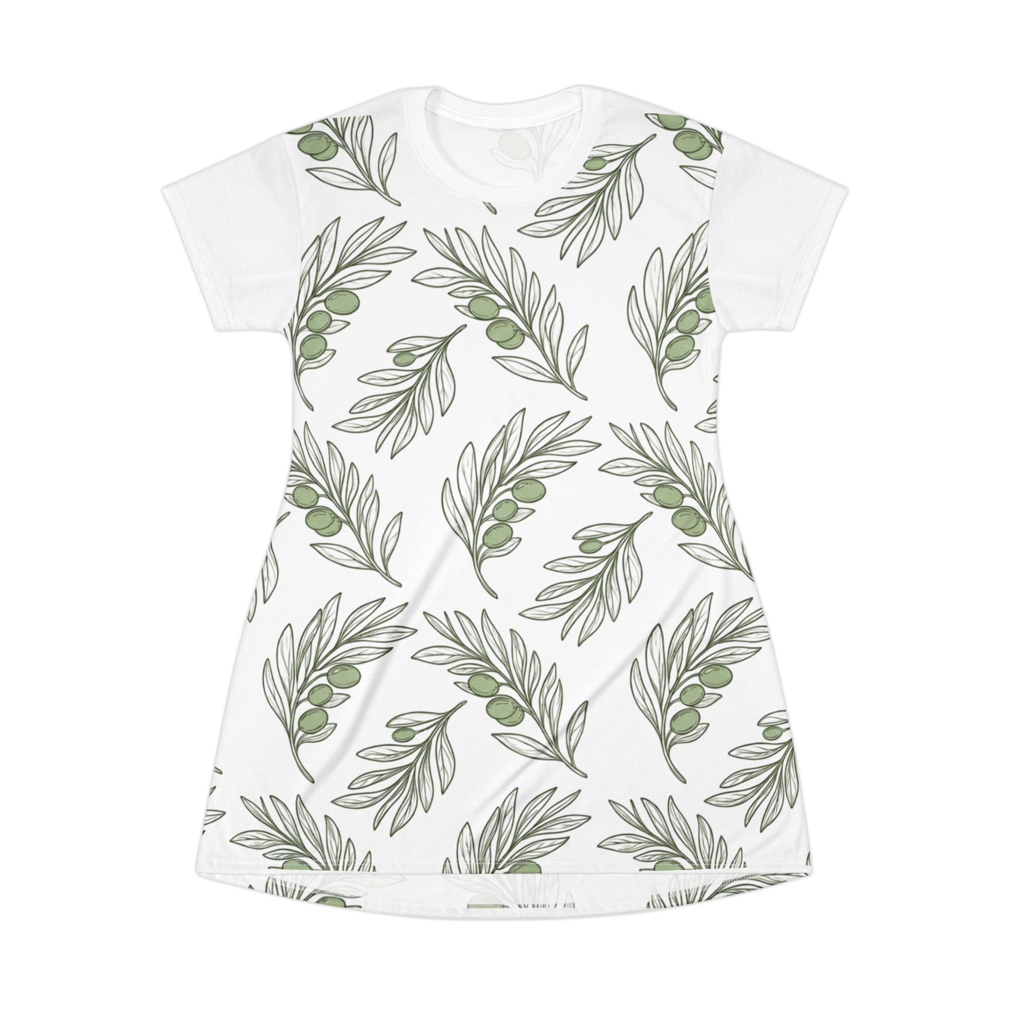 Olive Branch T-Shirt Dress — Botanical All-Over Print Casual Dress