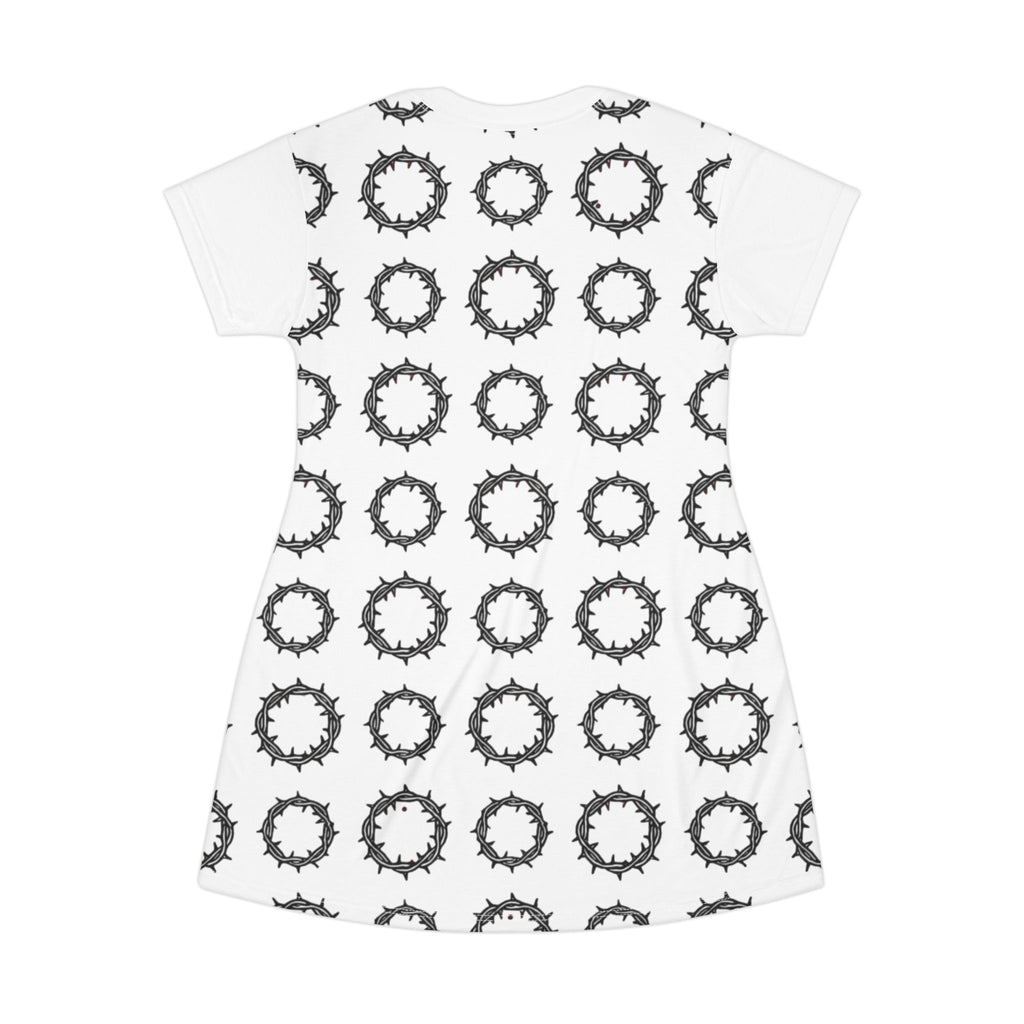 Wreath Pattern T-Shirt Dress — Monochrome Floral Circle All-Over Print