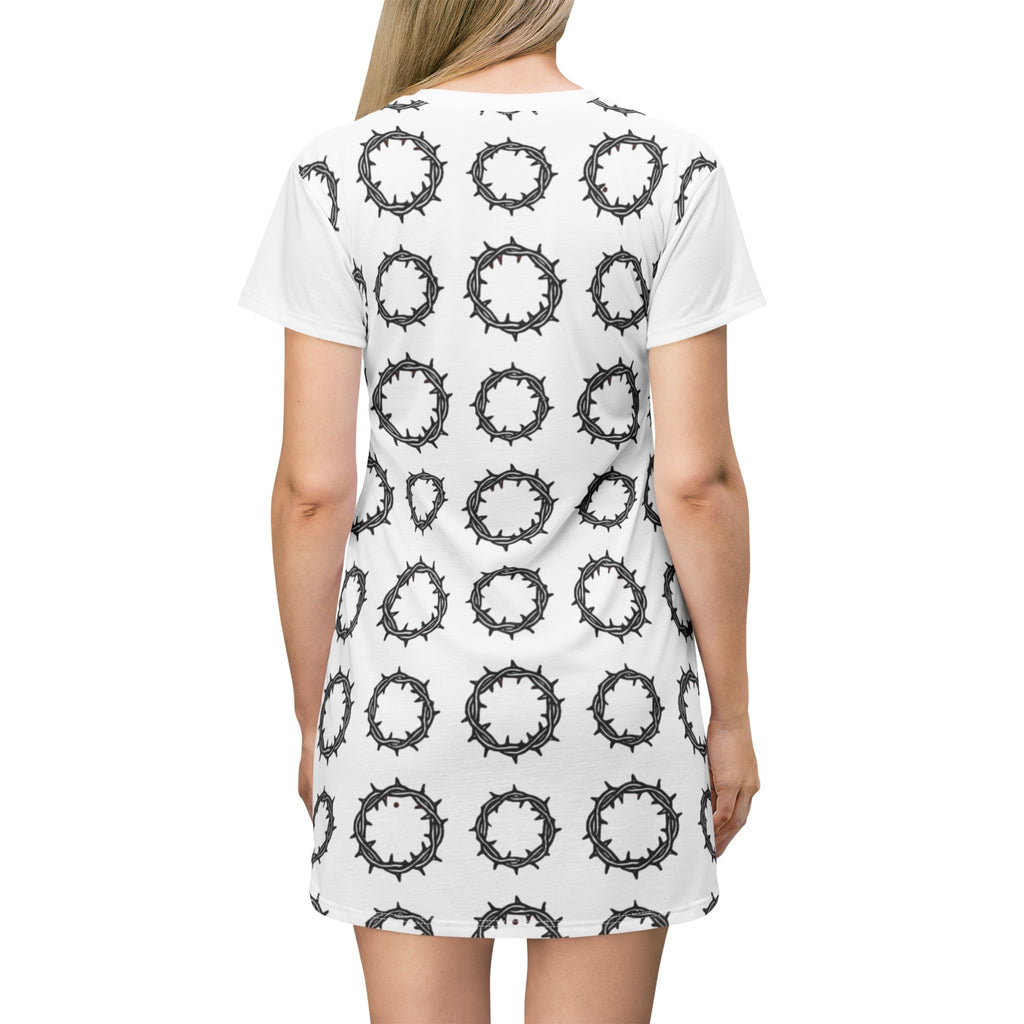 Wreath Pattern T-Shirt Dress — Monochrome Floral Circle All-Over Print