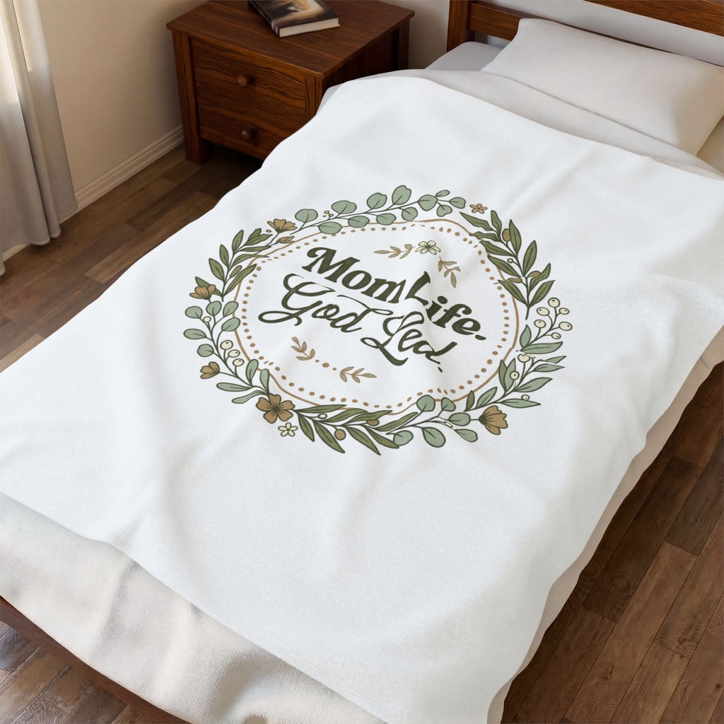 Mom Life God-Led Velveteen Plush Blanket | Minimal Typographic Mom