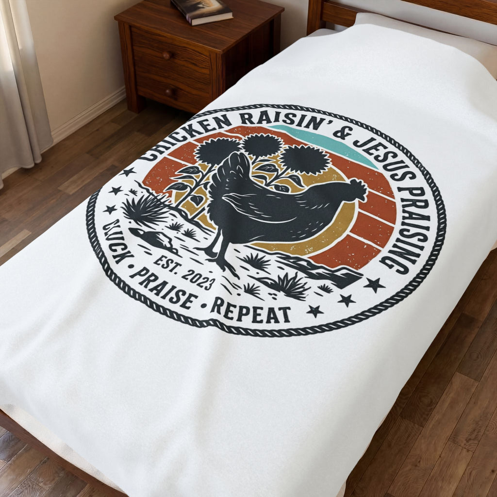 Chicken Raisin & Jesus Praising Velveteen Plush Blanket | Western Americana, Vintage Rodeo