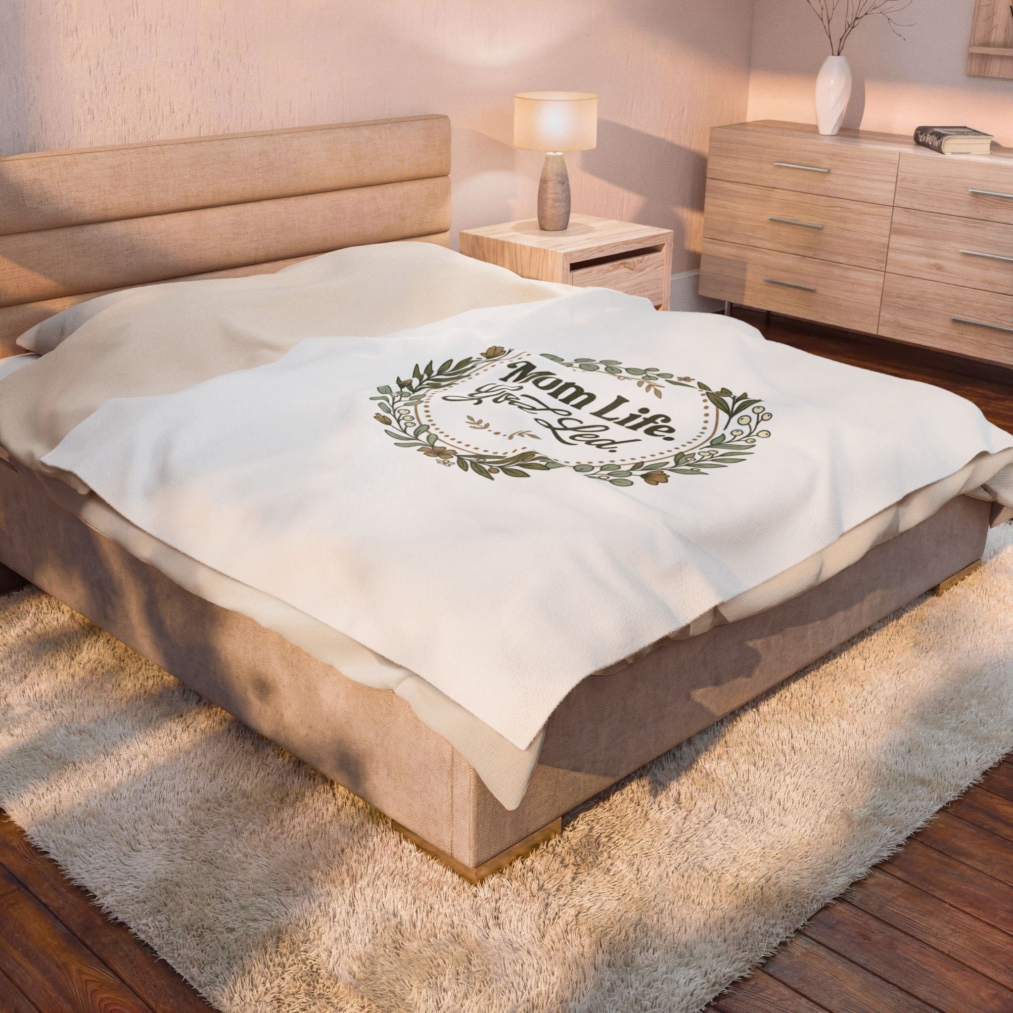 Mom Life God-Led Velveteen Plush Blanket | Minimal Typographic Mom