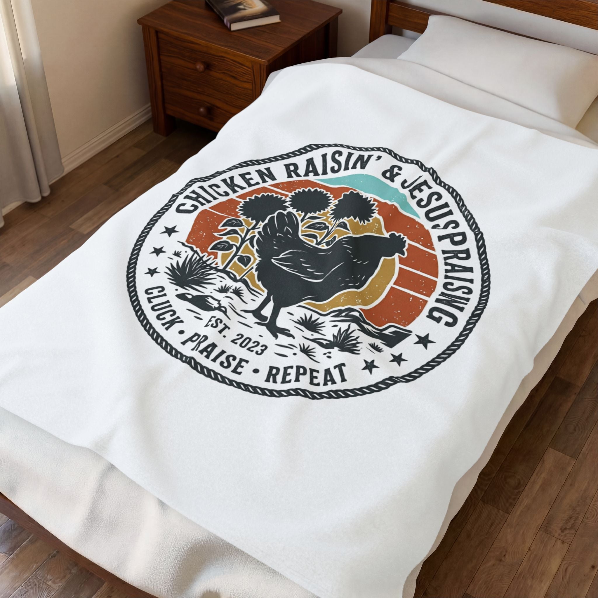 Chicken Raisin & Jesus Praising Velveteen Plush Blanket | Western Americana, Vintage Rodeo