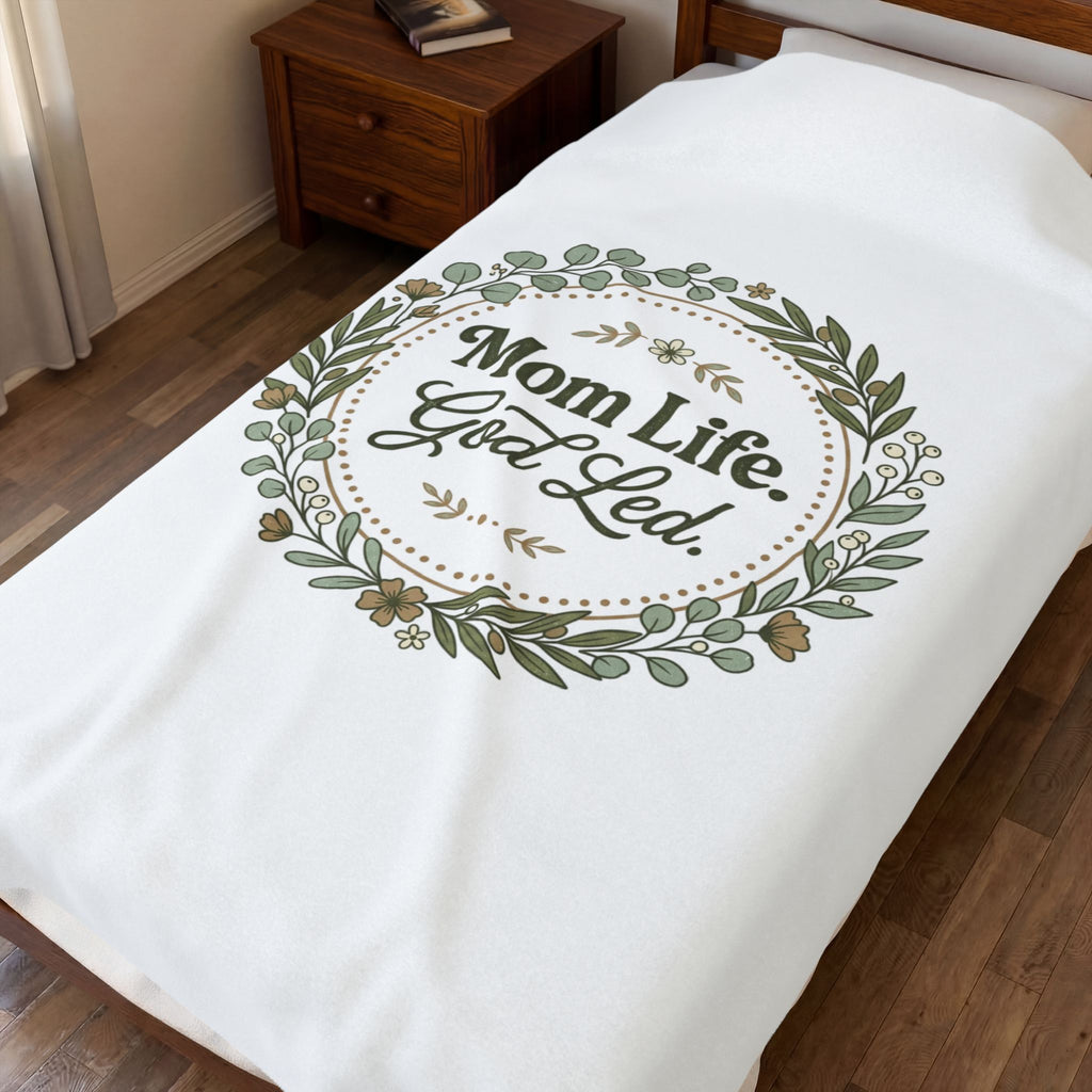 Mom Life God-Led Velveteen Plush Blanket | Minimal Typographic Mom